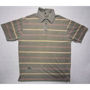 Jeep Polo Shirt Mens Large Embroidered Patch‎ Green Brown Striped